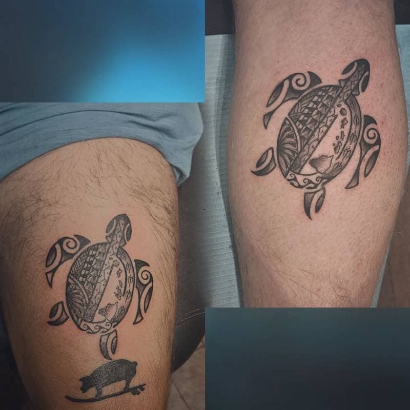 Tattoo of a tribal turtle on a person's thigh.